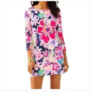 Lilly Pulitzer Sophie Dress Navy/Pink Floral Print Dress with 3/4 Sleeves UPF 50